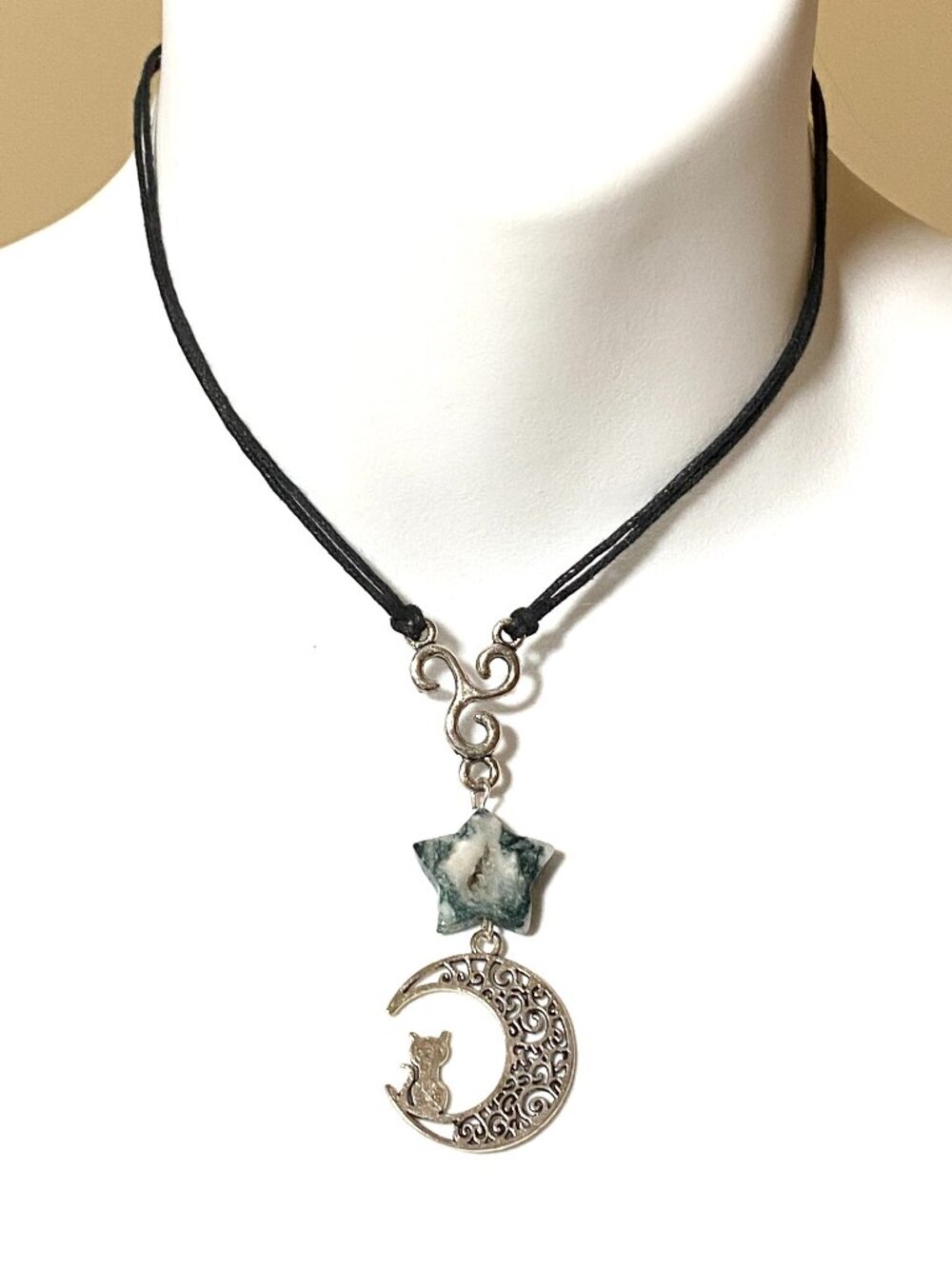 2/$20, Natural Tree Agate Star & Cat on the Moon Necklace,Gemstone Cord Necklace